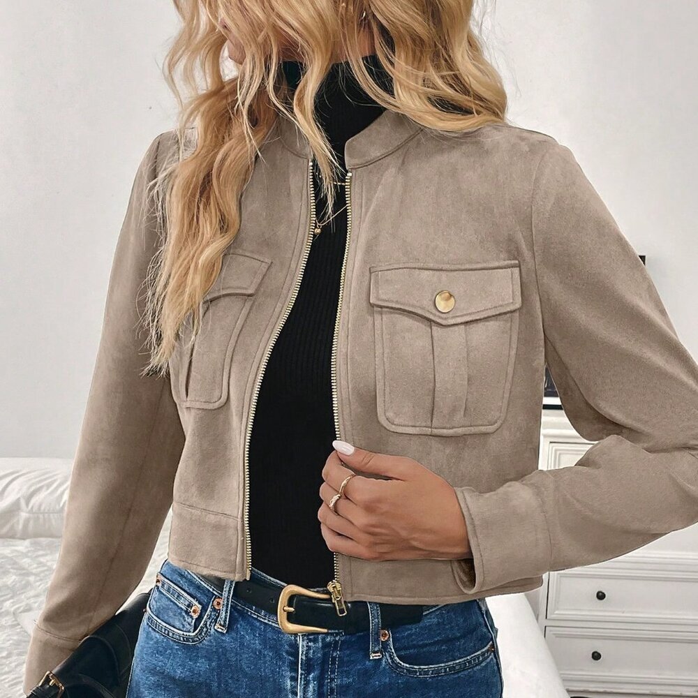 Apricot Casual Women's Cargo Jacket With Metal Button